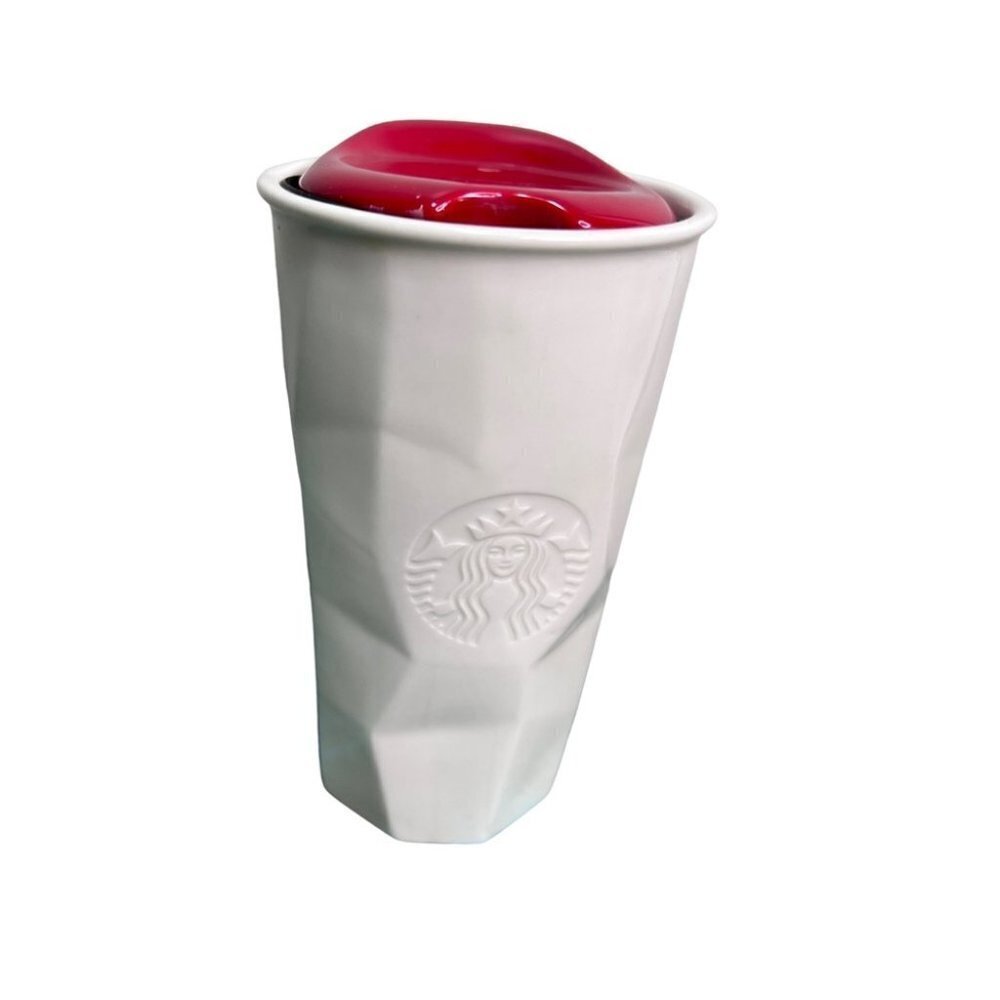 STARBUCKS White Mermaid Embossed Faceted  Ceramic Travel Mug Tumbler 10 oz 2013​